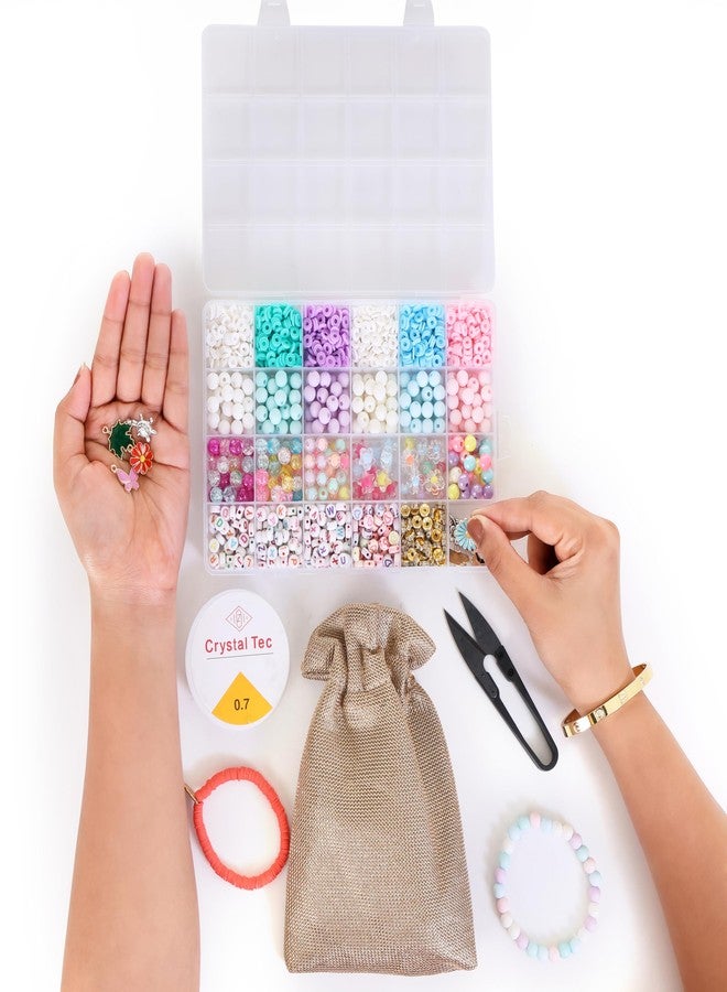 Ambitieux All-in-One Bracelet Making Kit for Girls - 24 Grid Jewelry Set with 1000+ Beads, Alphabet Letters, Charms, Jump Rings, Tools & 2 Elastic Rolls - DIY Jewellery Craft Kit for Kids Age 6-12(Clay With 8mm) - Image 4